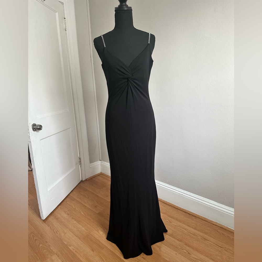 Crystal Spaghetti Strap Black Formal Cocktail Dress Gown